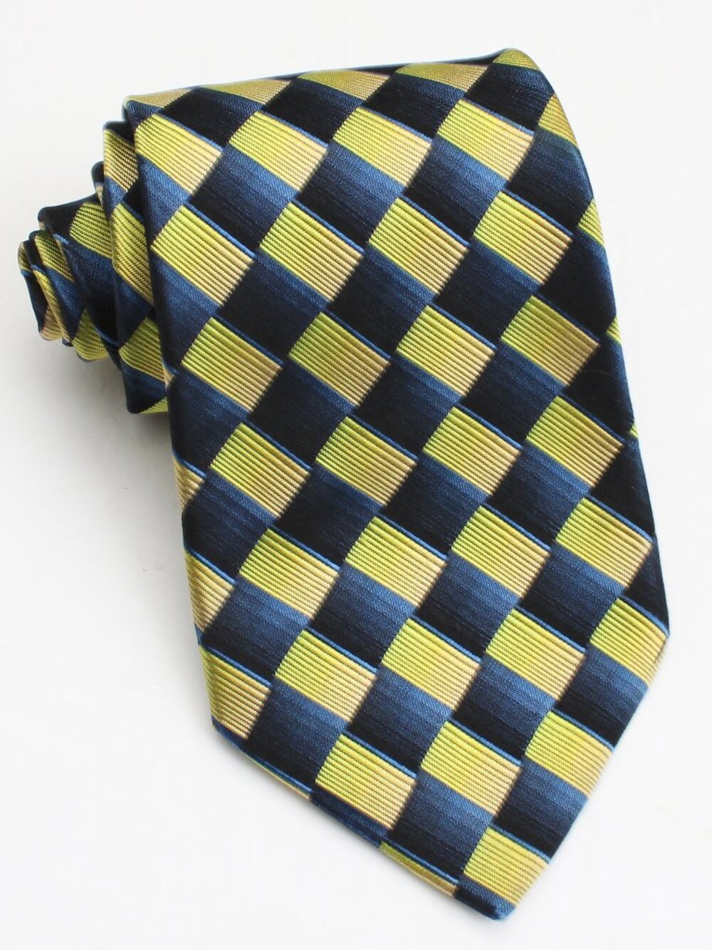 Gianfranco Valentino VTG 90s Silk Checkered Metallic Mens Neck-Tie Blue Yellow